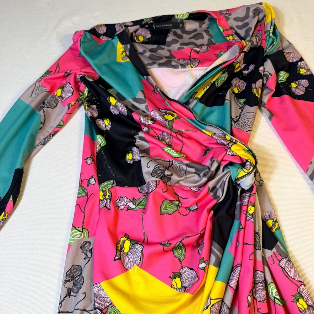 Thais Rodrigues Faux Wrap Dress P‎ Multicolor Floral Leopard Geometric Ruched - Picture 7 of 16